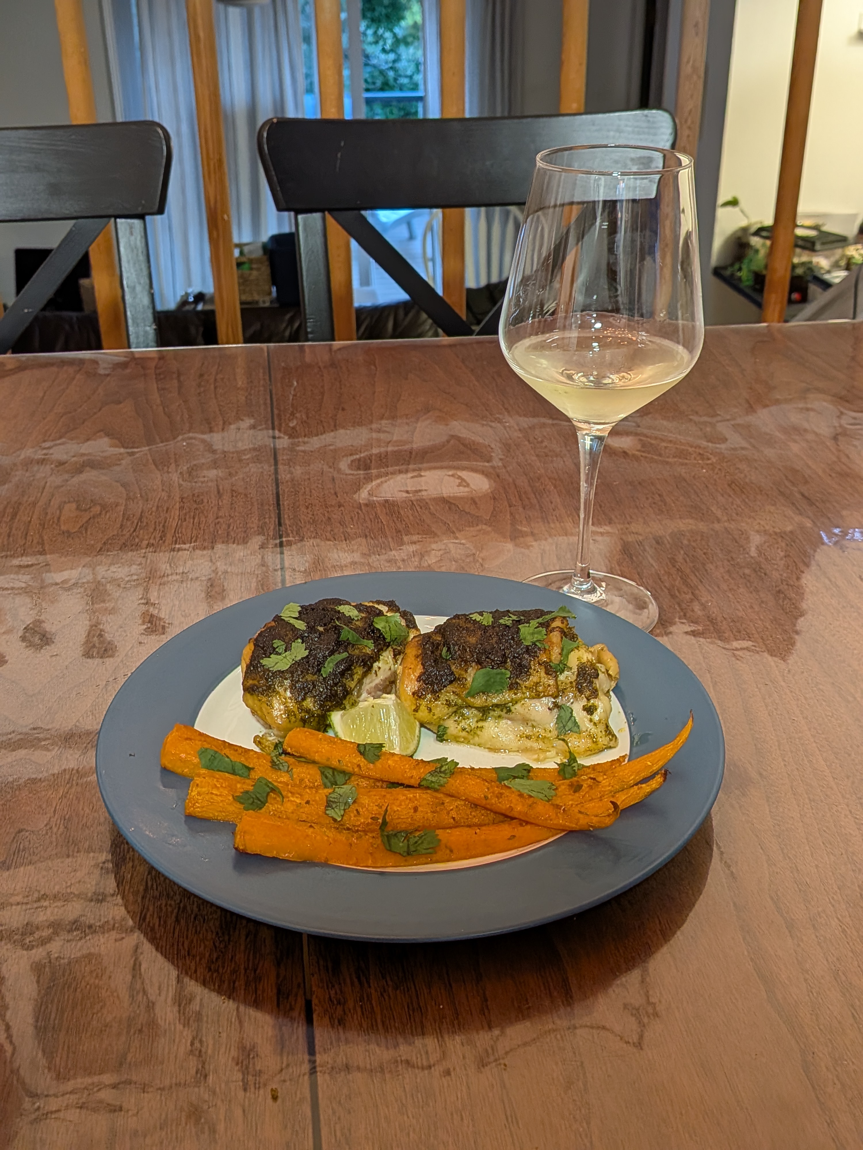 Cilantro-Lime Chicken and Vermentino A close up of the cilantro-lime chicken meal with the glass of Vermentino.